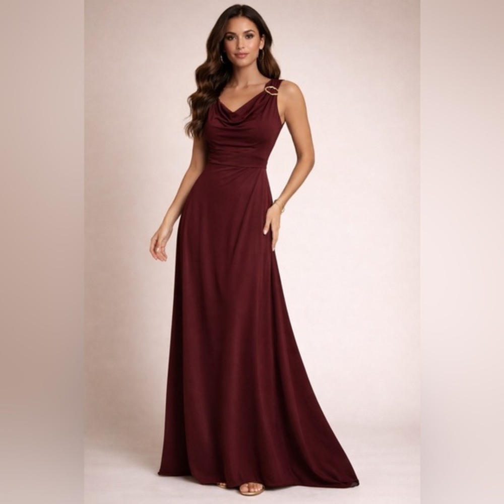 H&M Burgundy One-Shoulder Maxi Dress with Gold Hardware Accent - XL